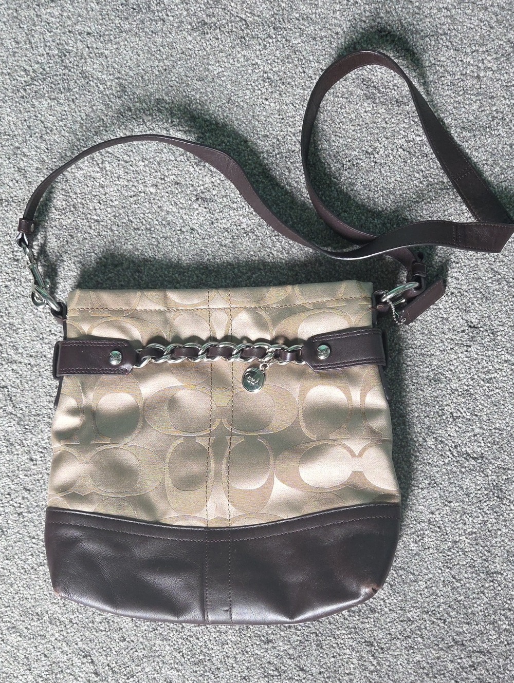 Coach Khaki and Brown Signature Chain-Accent Crossbody Bag